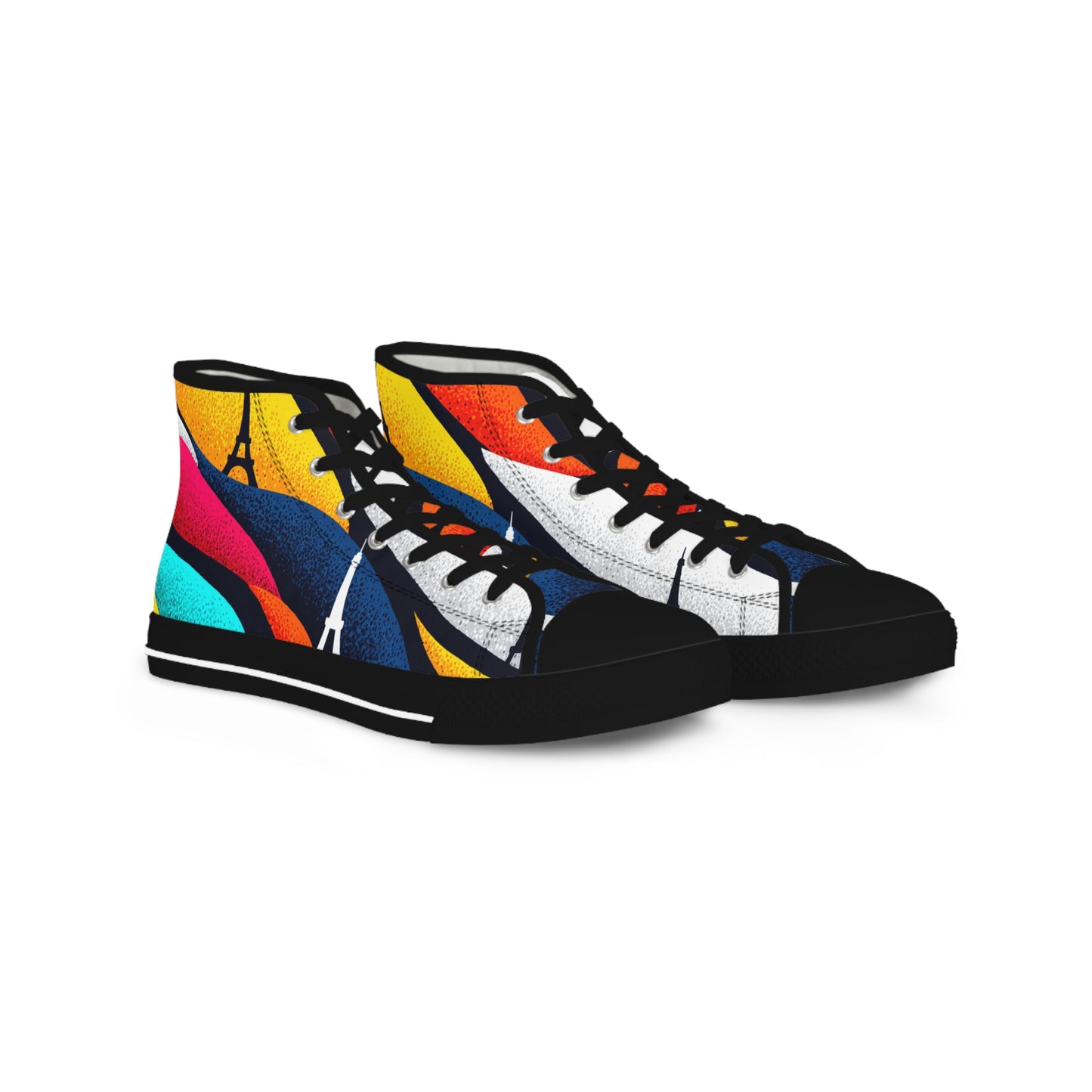Romantic Eiffel Tower rainbow Sneakers Canvas shoes|Vibrant Men's High Top Sneakers, Colorful Retro Sneakers for Casual Wear, Unique Footwear for Art Lovers, Graphic Sneakers Gift Idea