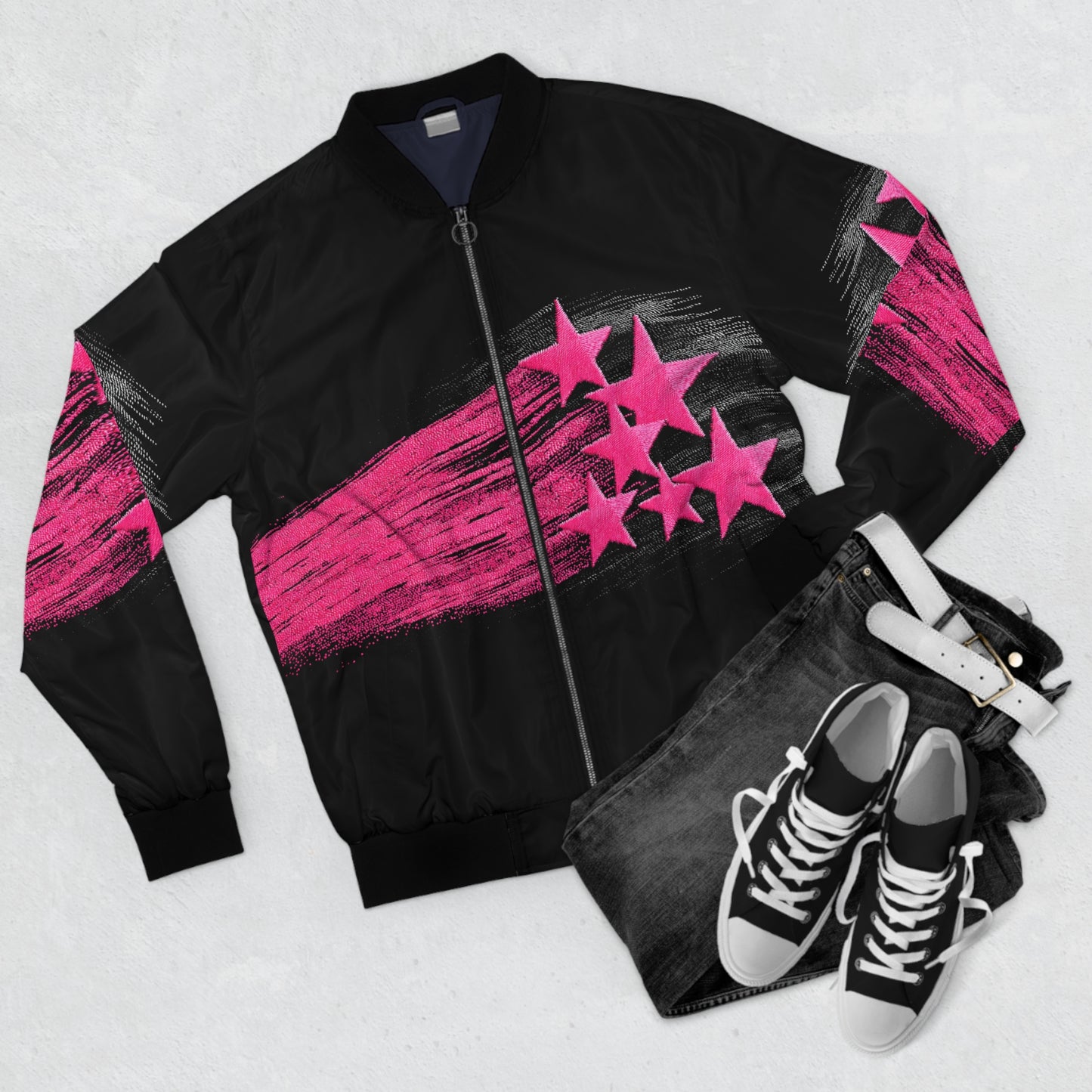 Black & Neon Pink Star Print Bomber Jacket |Gift for Capricorn & Leo