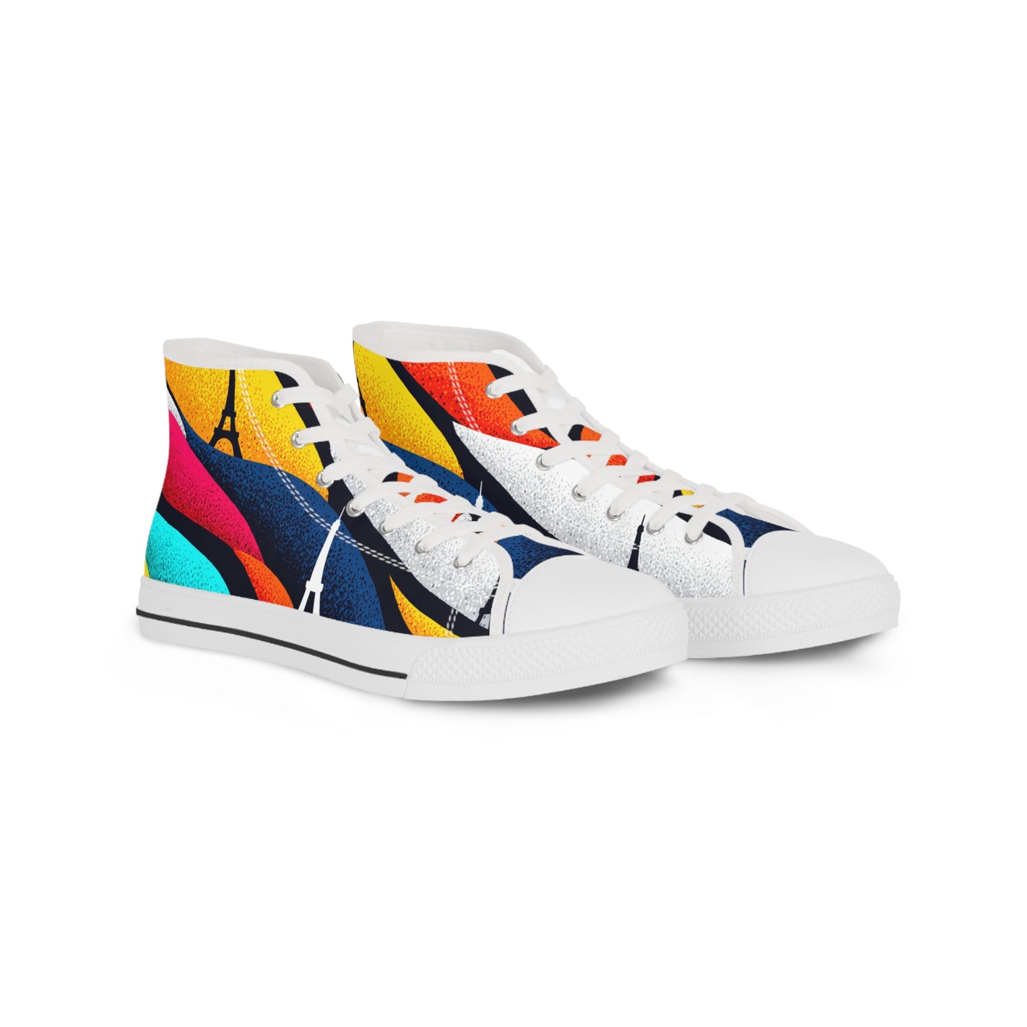 Romantic Eiffel Tower rainbow Sneakers Canvas shoes|Vibrant Men's High Top Sneakers, Colorful Retro Sneakers for Casual Wear, Unique Footwear for Art Lovers, Graphic Sneakers Gift Idea