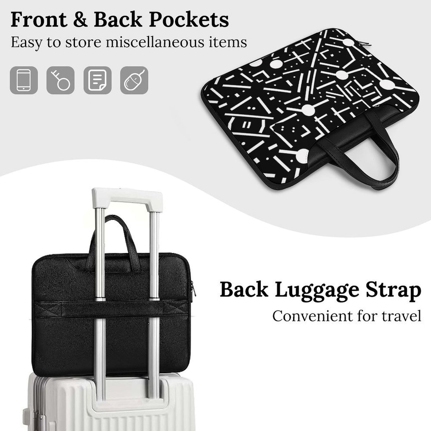 Black & White Geometric Laptop Bag – Stylish Protection for Your Tech Gear - Modle PRINTANK-LaptopBag-X6F2R7