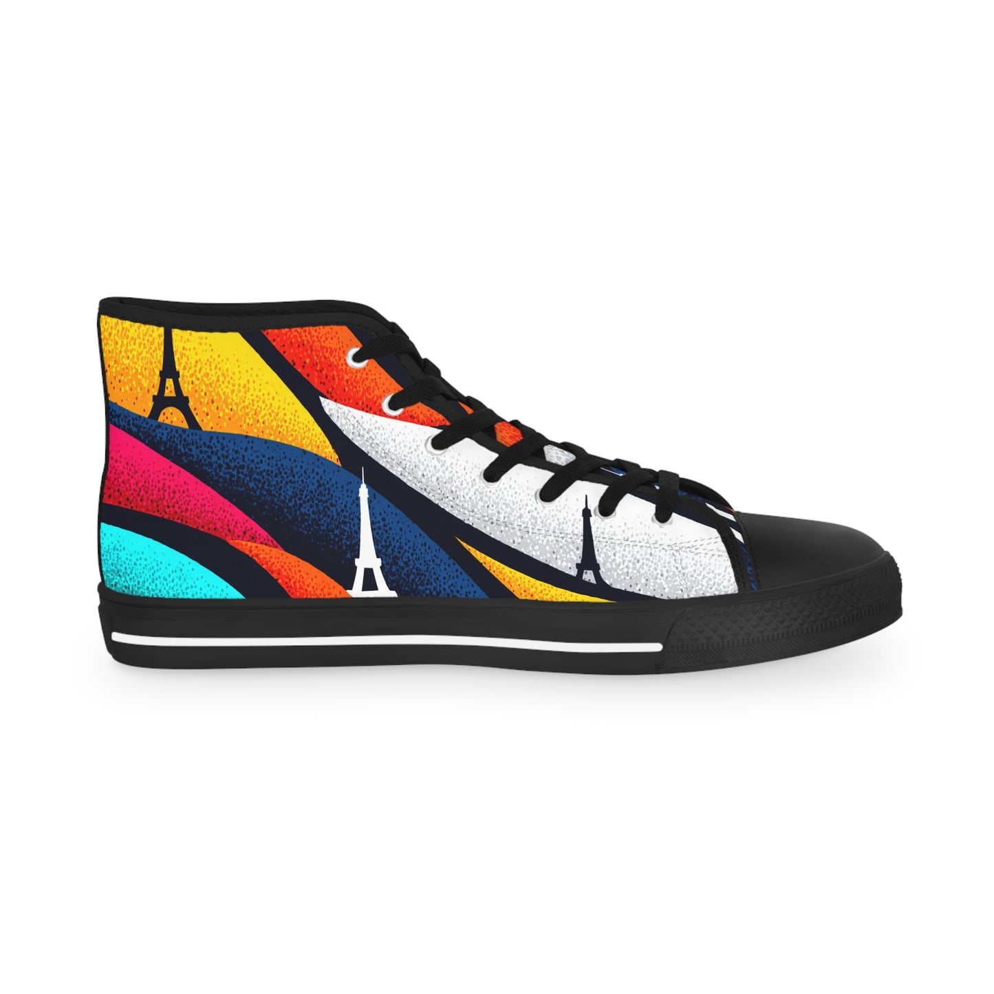 Romantic Eiffel Tower rainbow Sneakers Canvas shoes|Vibrant Men's High Top Sneakers, Colorful Retro Sneakers for Casual Wear, Unique Footwear for Art Lovers, Graphic Sneakers Gift Idea