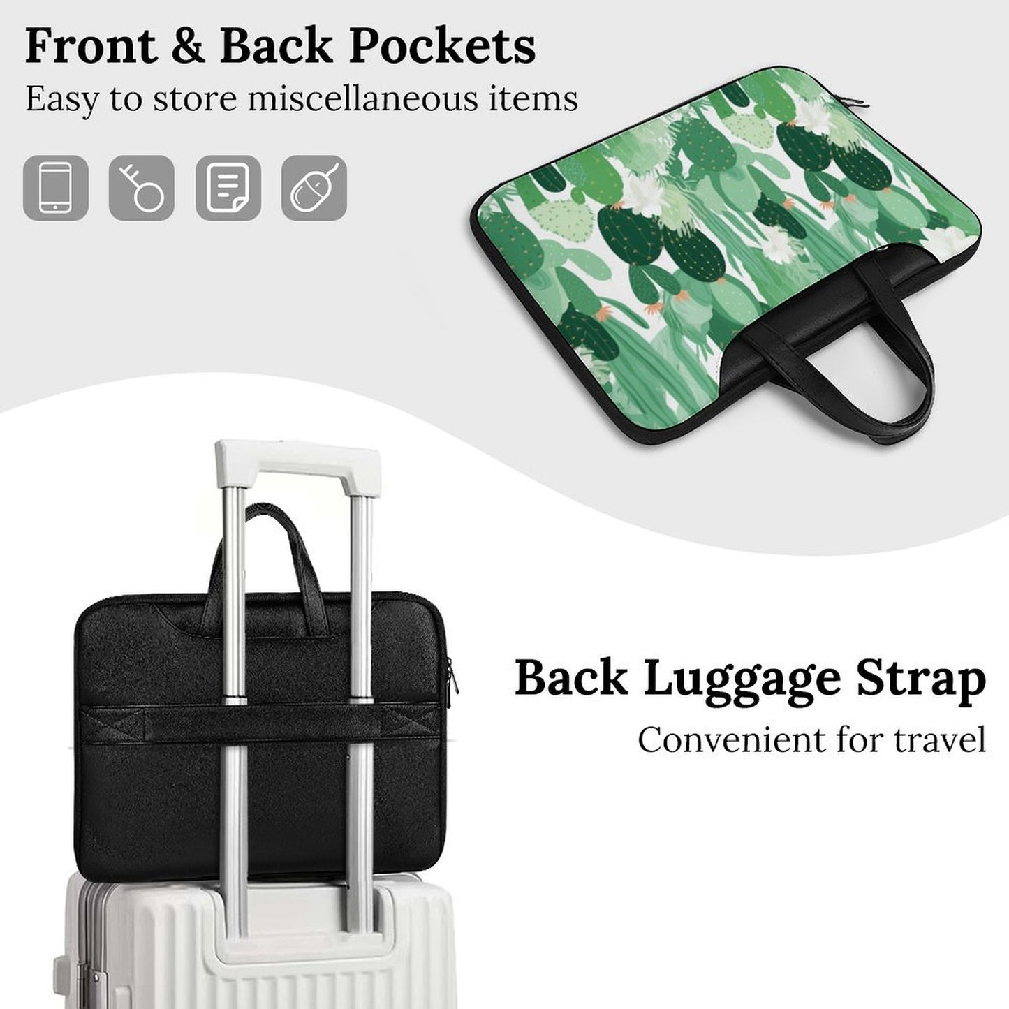 Premium Green Cactus Pattern Laptop Bag - Cactus Laptop Sleeve - Stylish and Durable 15.6-inch Computer Case with Back Luggage Strap - AB5J6X