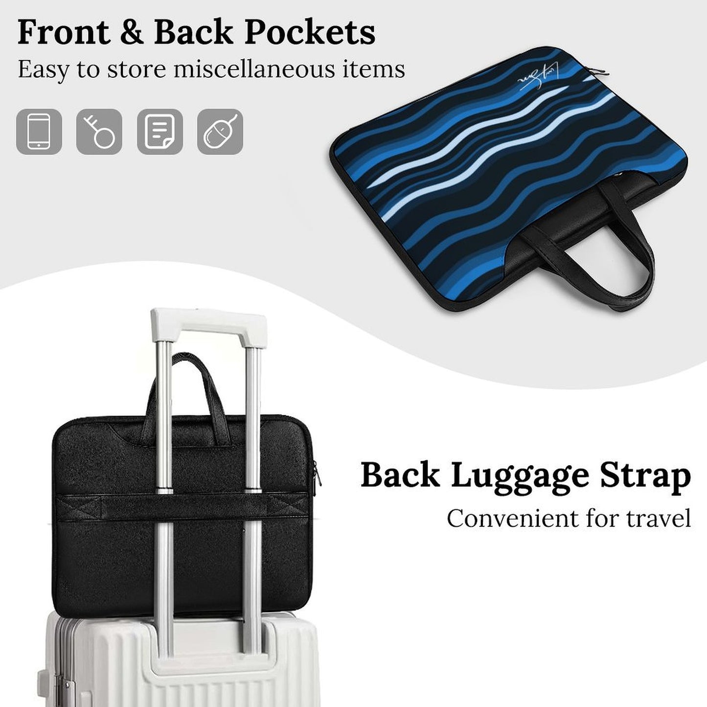 Blue Wave Laptop Bag with Back Luggage Strap - Model: Laptop Sleeve-3f9g0d