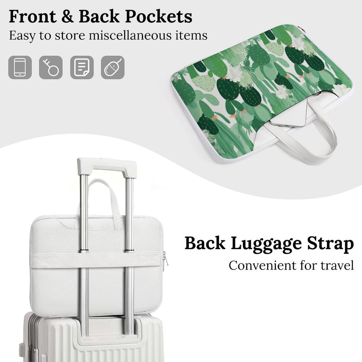 Premium Green Cactus Pattern Laptop Bag - Cactus Laptop Sleeve - Stylish and Durable 15.6-inch Computer Case with Back Luggage Strap - AB5J6X