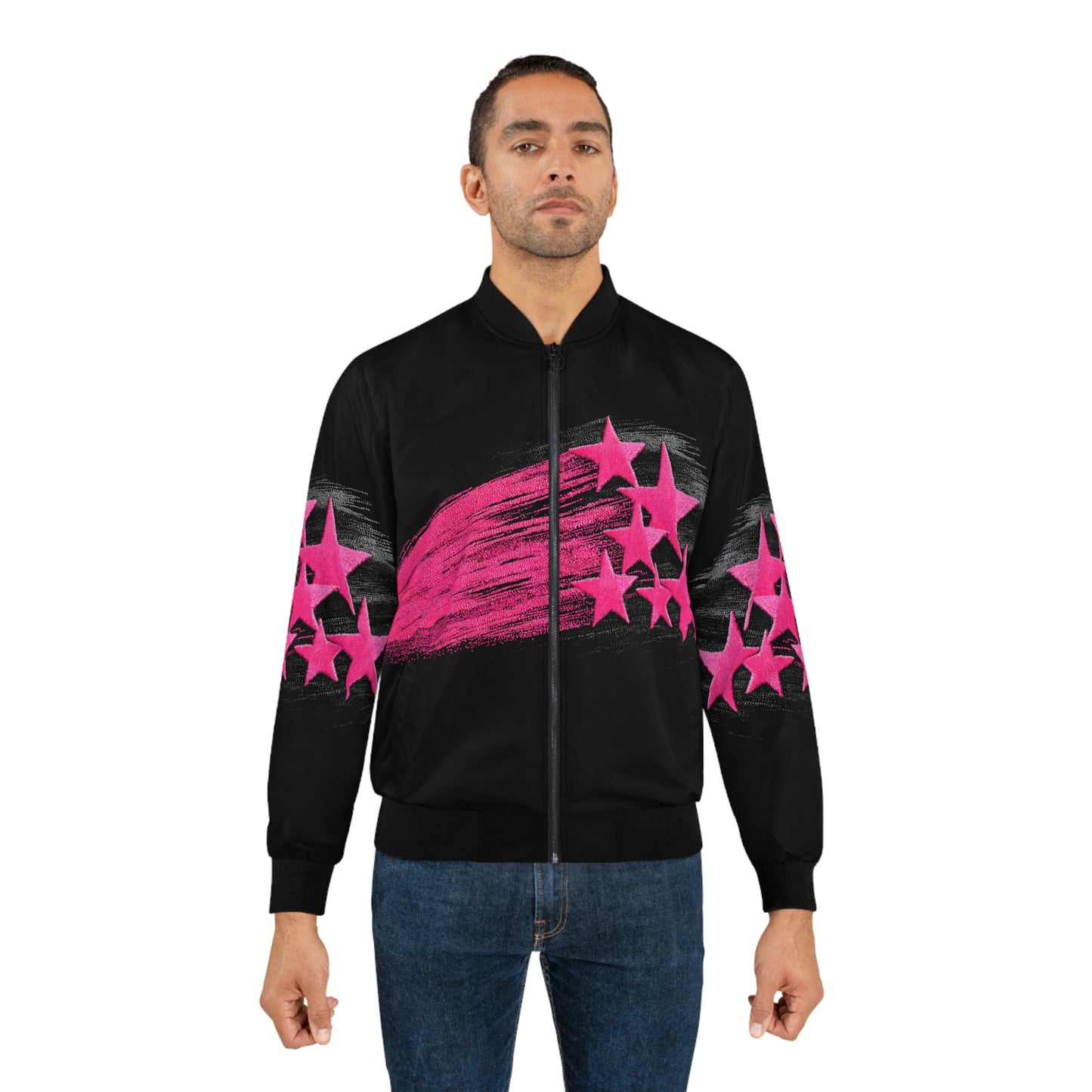 Black & Neon Pink Star Print Bomber Jacket |Gift for Capricorn & Leo