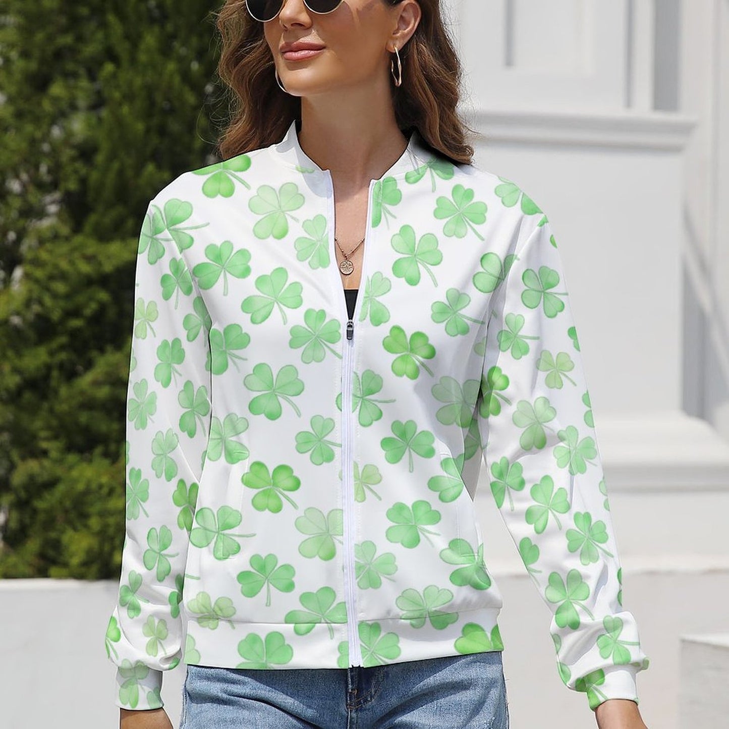 Green Four Leaf Clover Lightweight Jacket for Women - Gift for Pisces | St. Patrick's Day Outfit | Lucky charm gift for her - PRINTANK-CV38TR