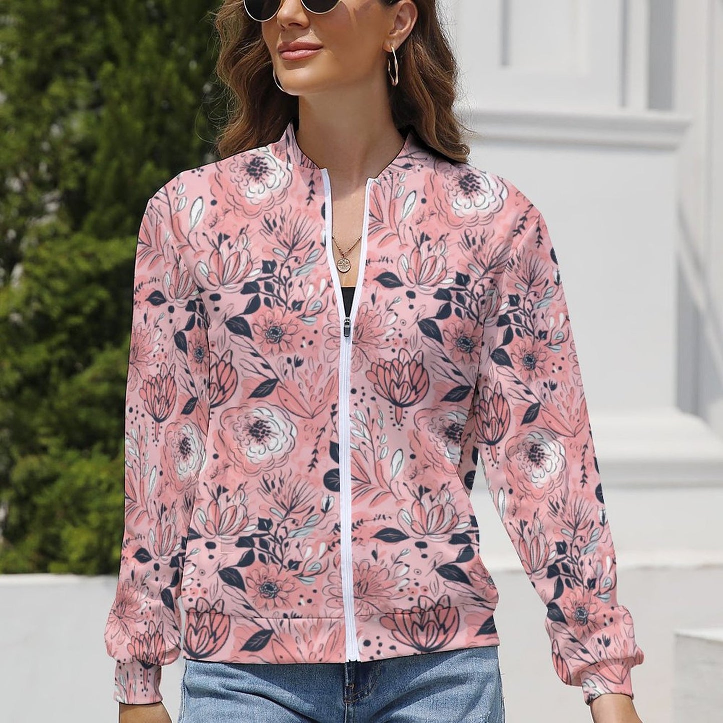 Floral Print Pink Windbreaker Jacket - Model: Women-Windbreaker - 3a2d9h