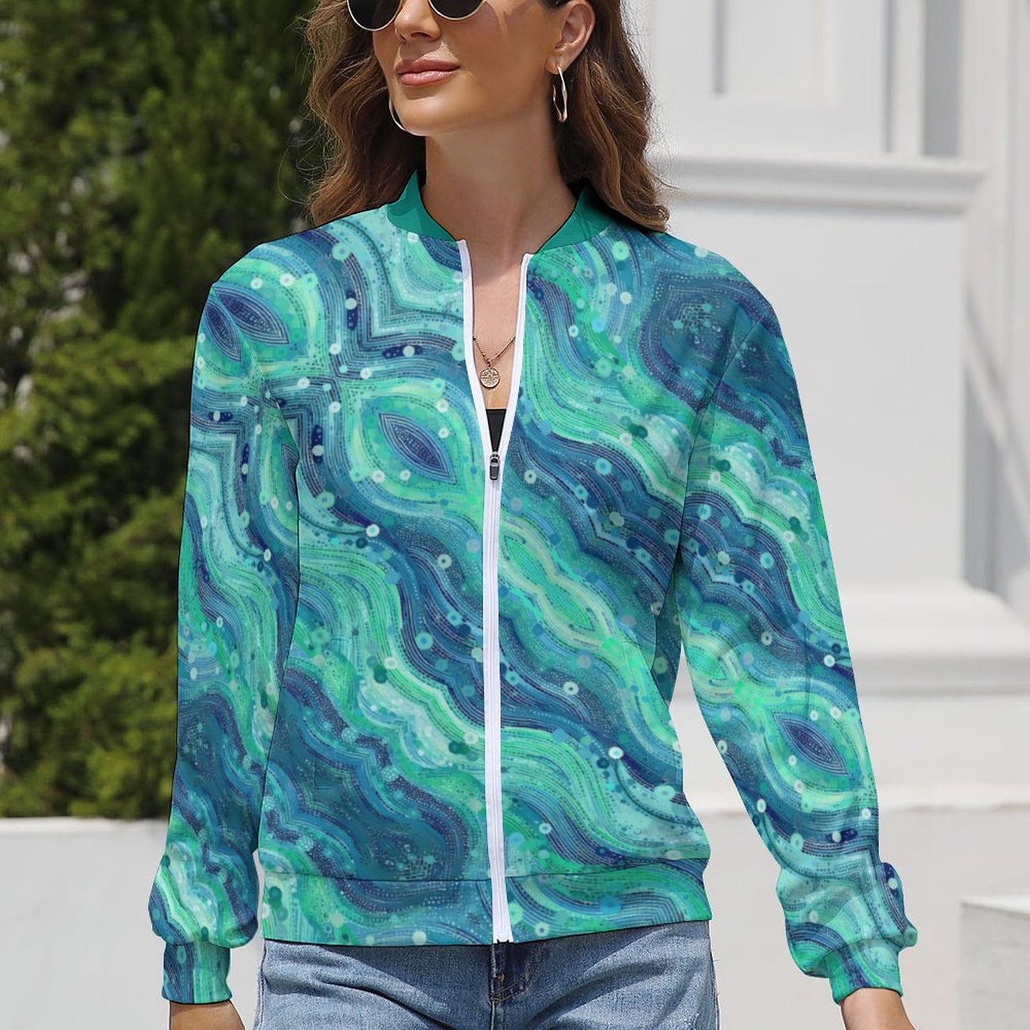 Green Blue Windbreaker Jacket -Abstract Wave pattern - Model: Women's Abstract Windbreaker - 7h4s2y