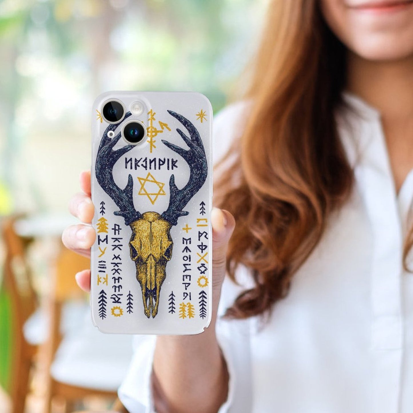 Nordic Rune Deer Skull iPhone 15 Case – Gift for Sagittarius & Capricorn