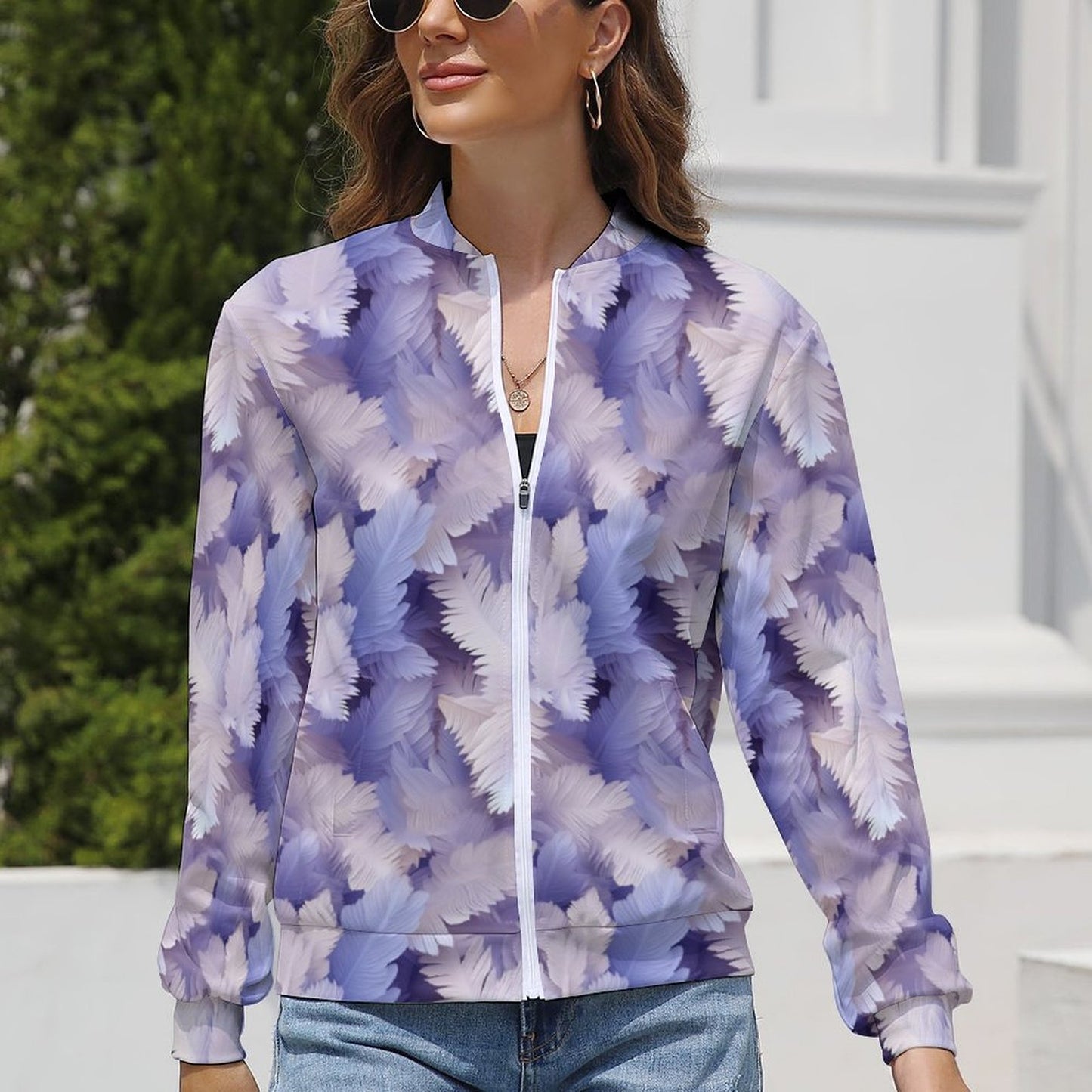 Feather Print Light Purple Women's Bomber Jacket -gift for Libra, Aquarius, and Pisces – Model: Feather-jacket-R6T3YQ