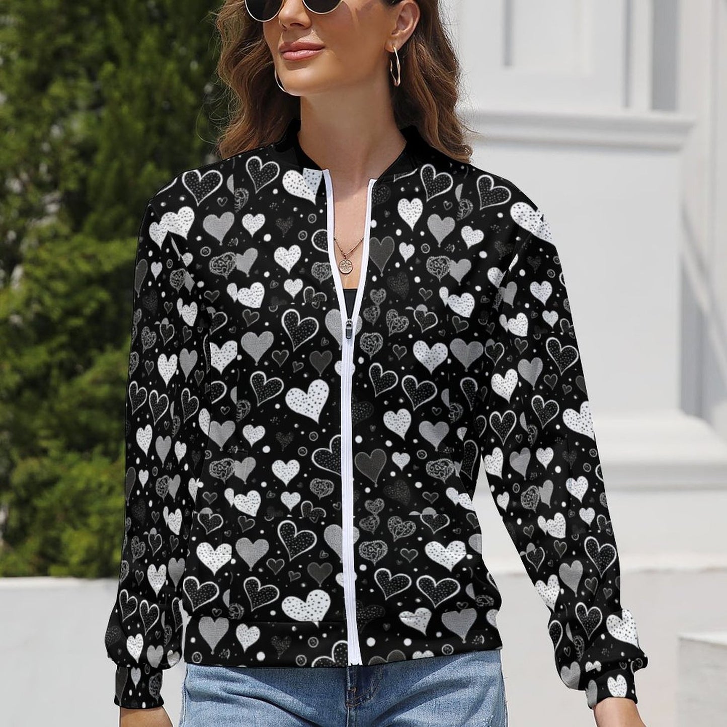 Black Heart Windbreaker Jacket for Women - Romantic Gift for Girlfriend - Model: women-jacket-P7X4TD