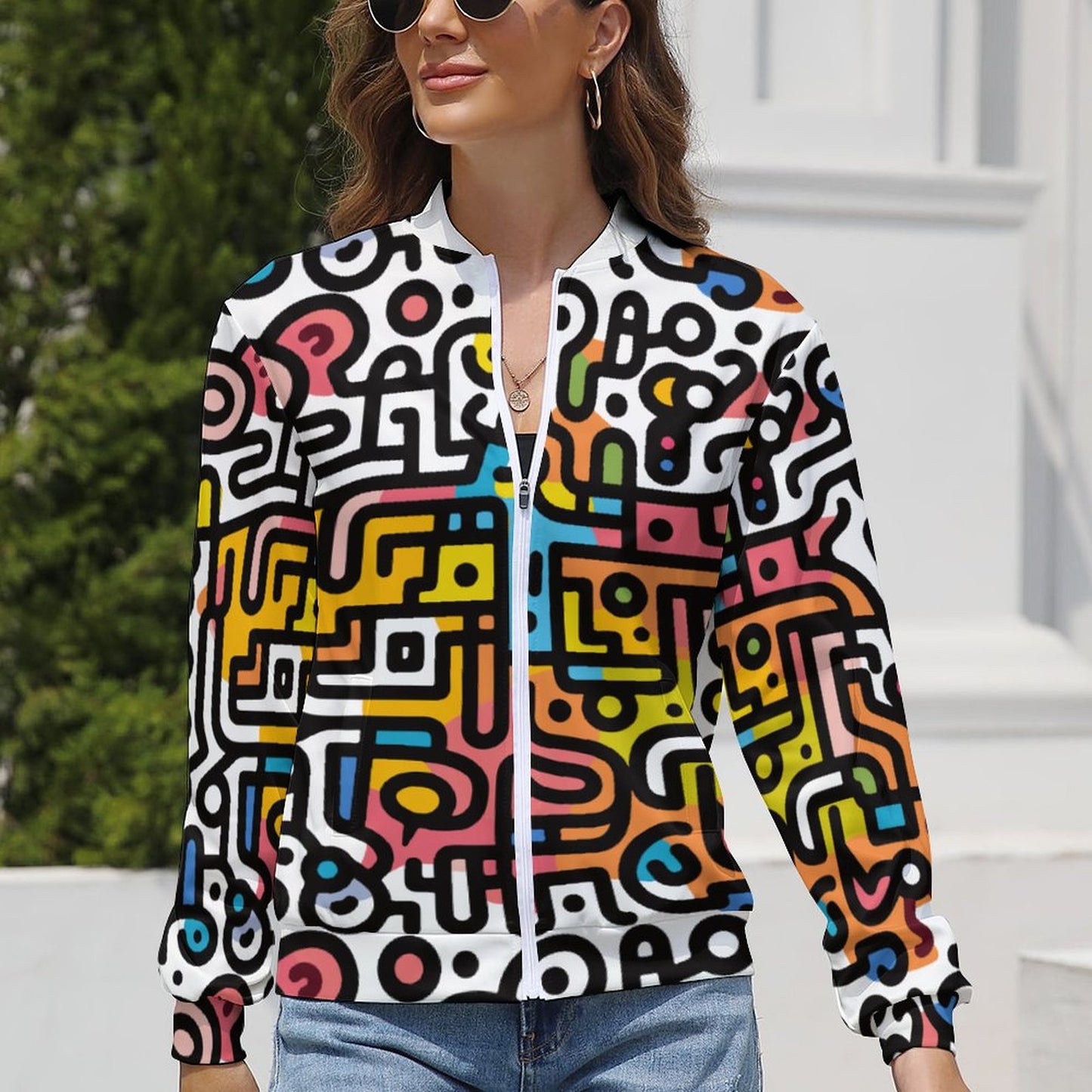 Colorful Graffiti Maze Windbreaker for Women - Urban Style Gift Jacket - Model: women-jacket-K7Y4XP