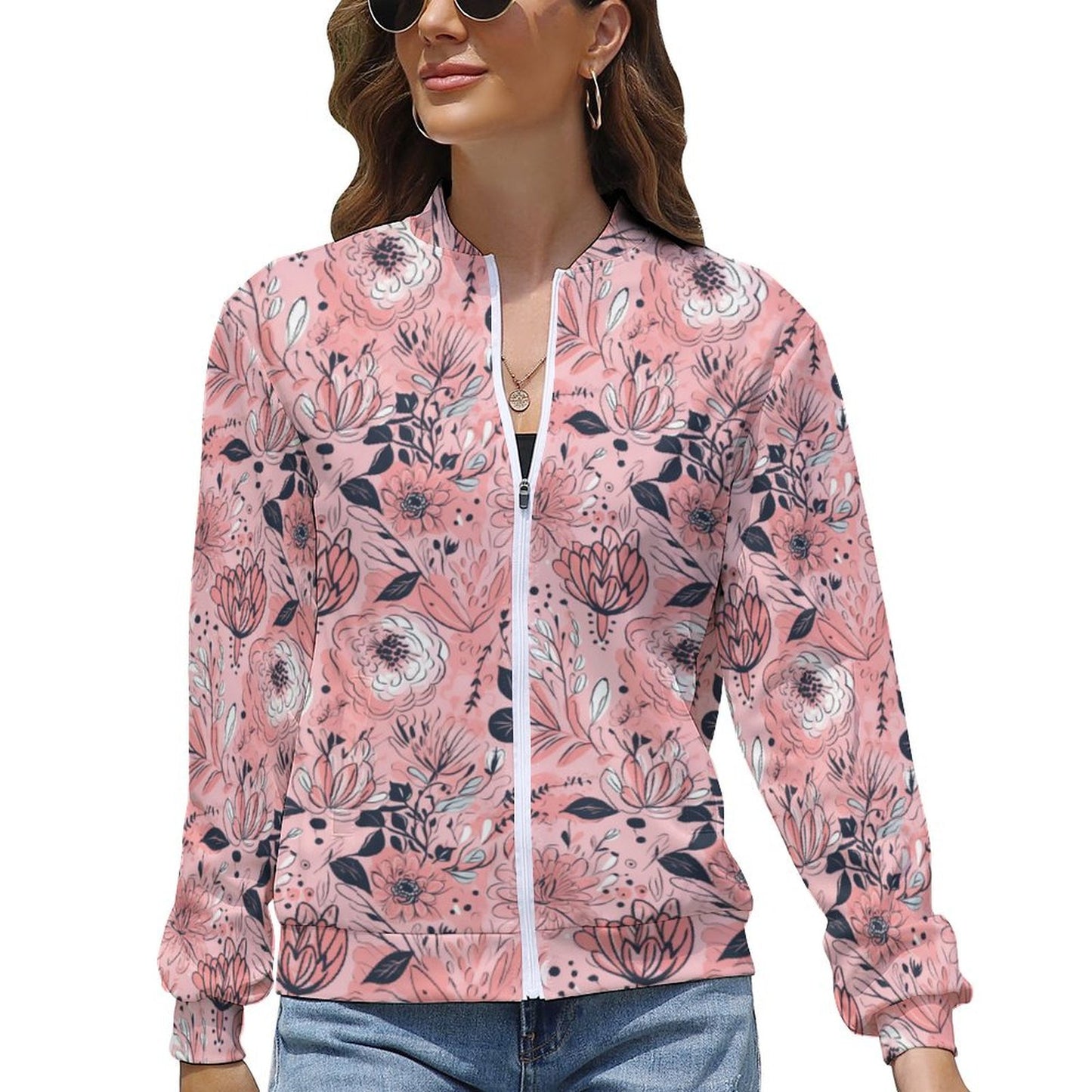 Floral Print Pink Windbreaker Jacket - Model: Women-Windbreaker - 3a2d9h