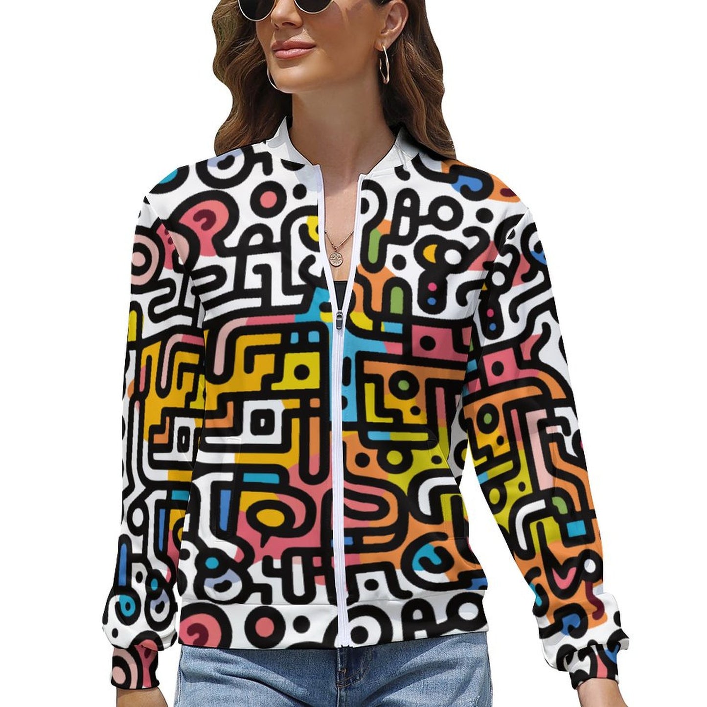 Colorful Graffiti Maze Windbreaker for Women - Urban Style Gift Jacket - Model: women-jacket-K7Y4XP