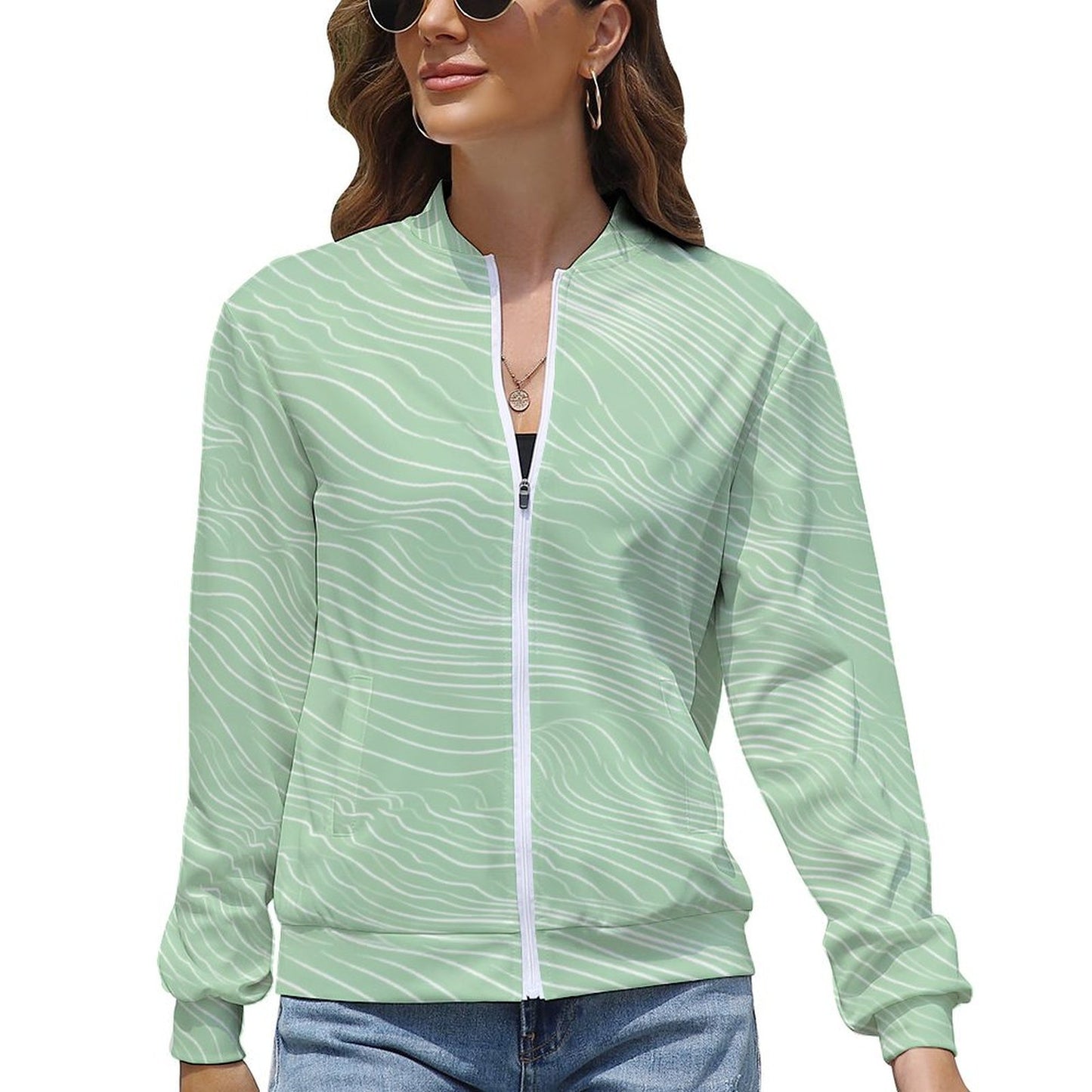 Women Green Windbreaker Jacket Wave Pattern - Model: Women's Green Windbreaker-4b5e9x