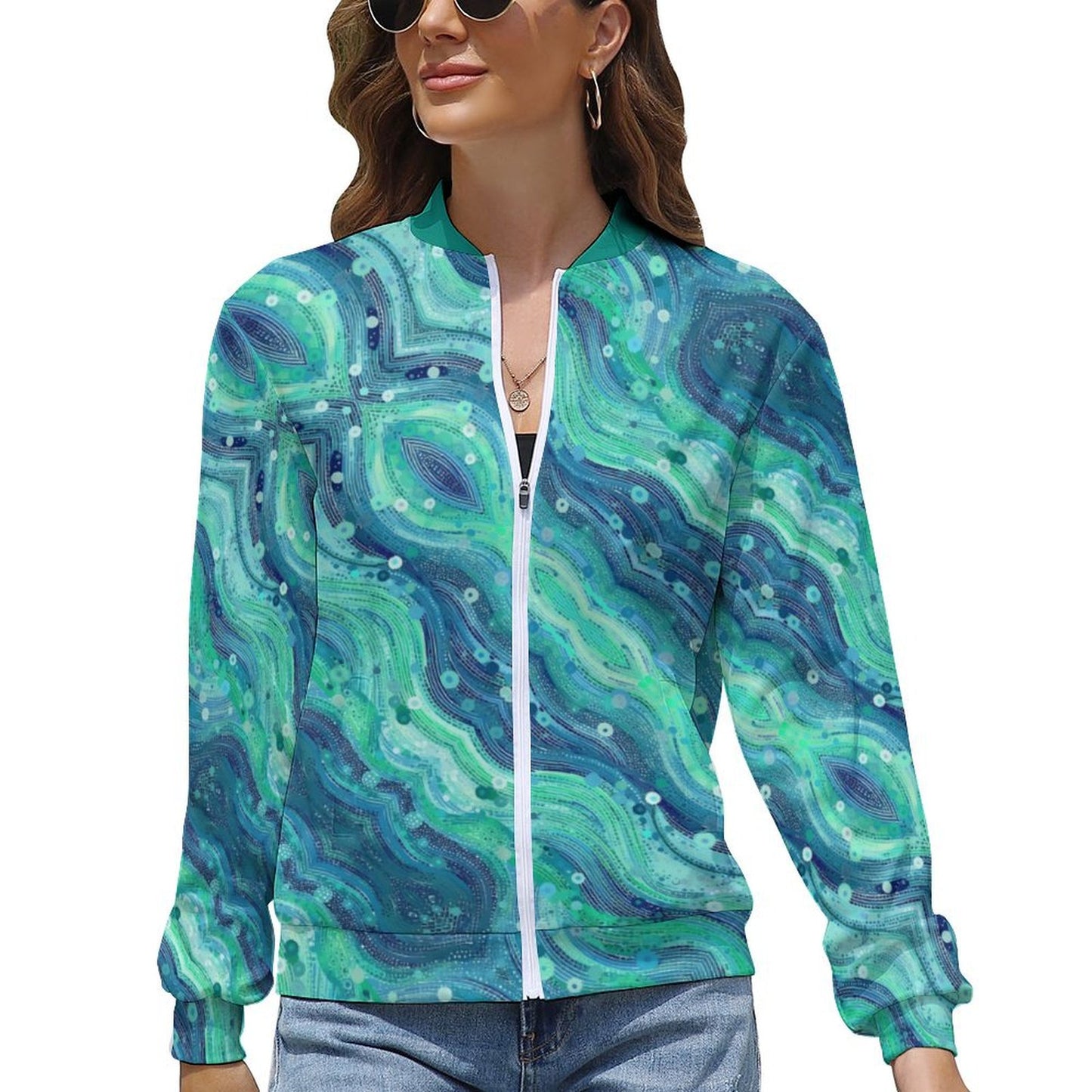 Green Blue Windbreaker Jacket -Abstract Wave pattern - Model: Women's Abstract Windbreaker - 7h4s2y