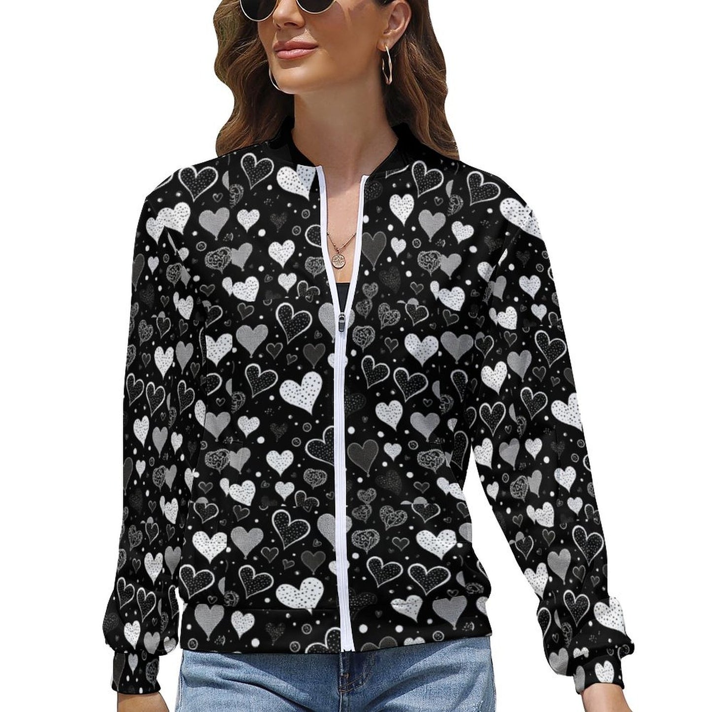 Black Heart Windbreaker Jacket for Women - Romantic Gift for Girlfriend - Model: women-jacket-P7X4TD
