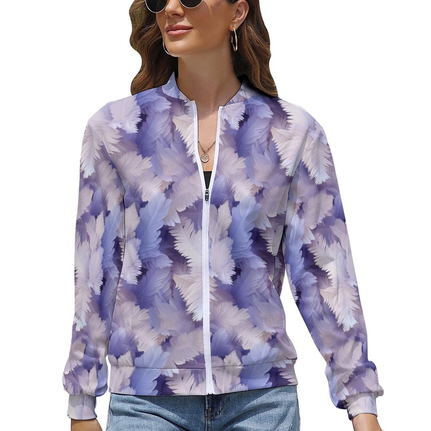 Feather Print Light Purple Women's Bomber Jacket -gift for Libra, Aquarius, and Pisces – Model: Feather-jacket-R6T3YQ