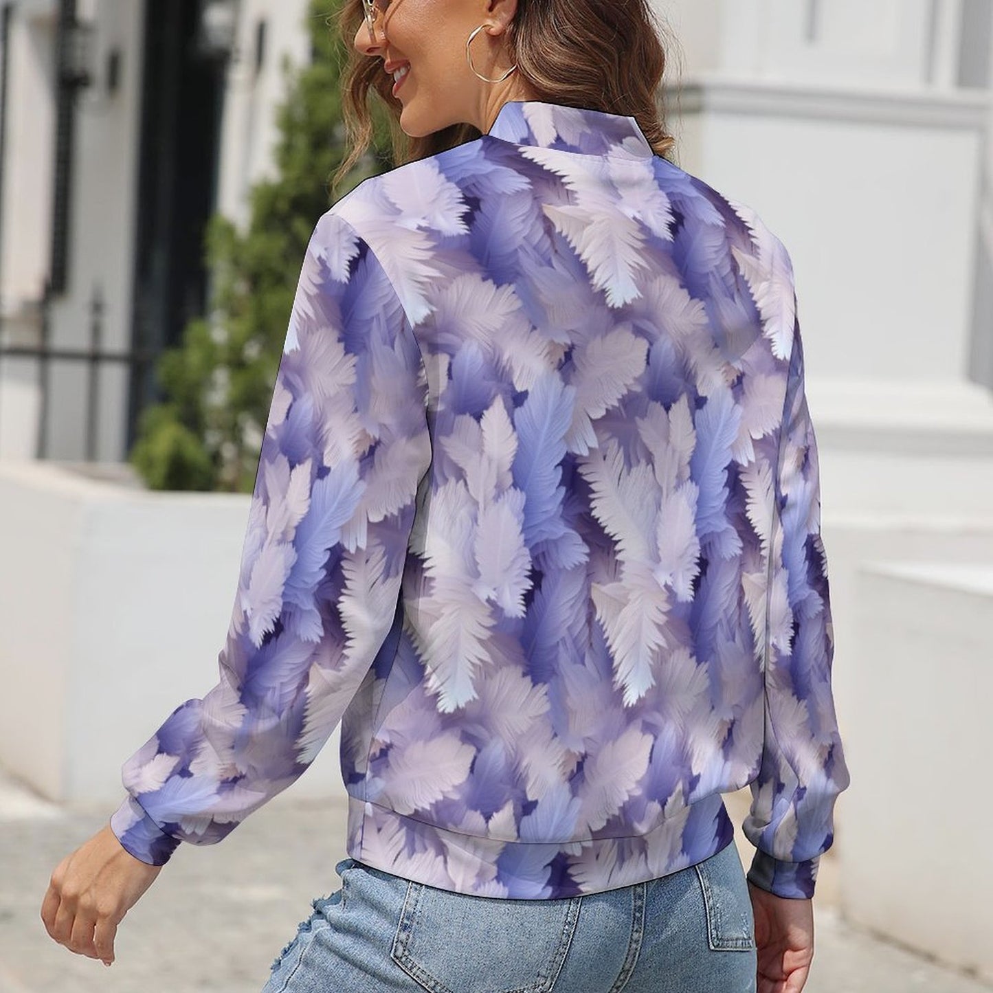 Feather Print Light Purple Women's Bomber Jacket -gift for Libra, Aquarius, and Pisces – Model: Feather-jacket-R6T3YQ