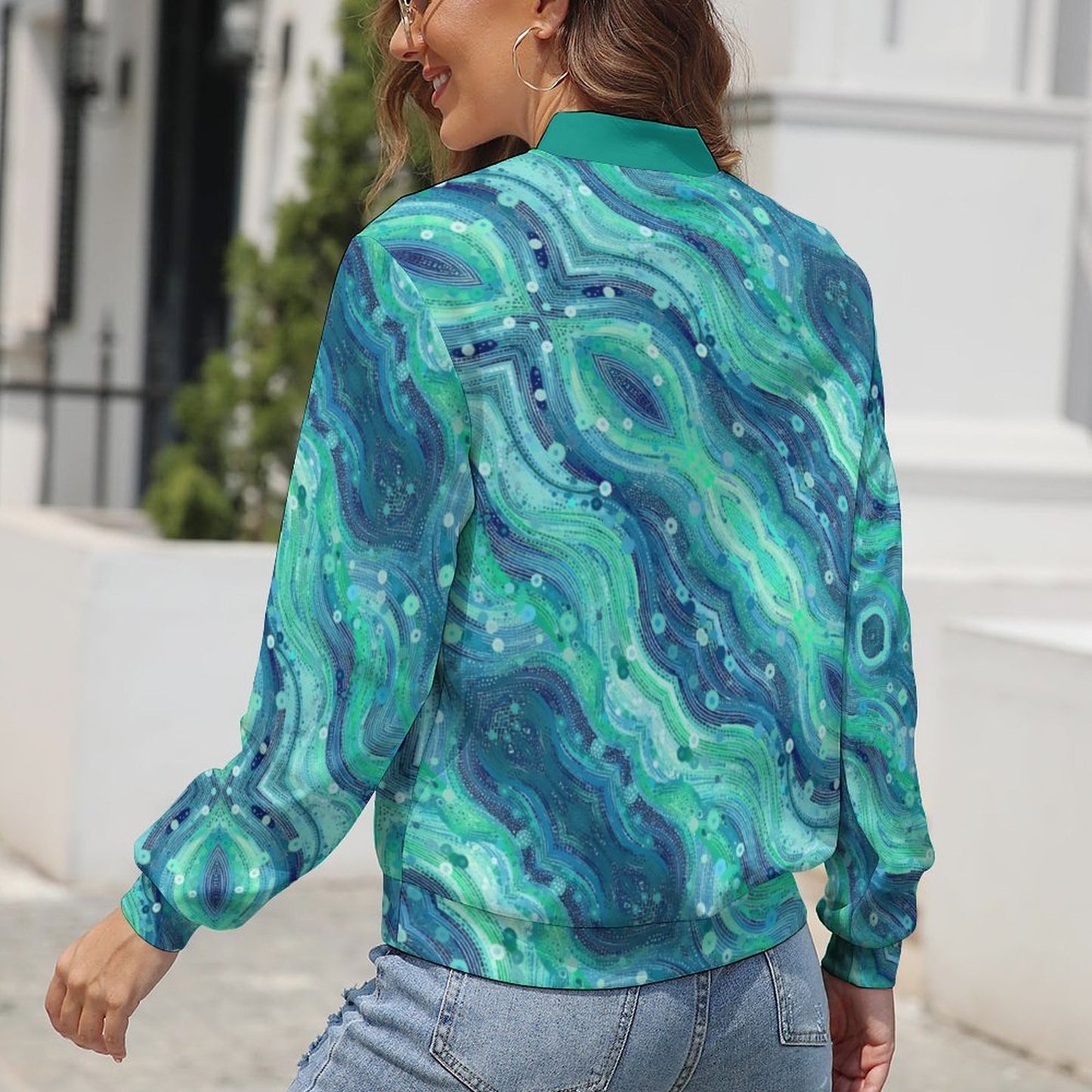 Green Blue Windbreaker Jacket -Abstract Wave pattern - Model: Women's Abstract Windbreaker - 7h4s2y