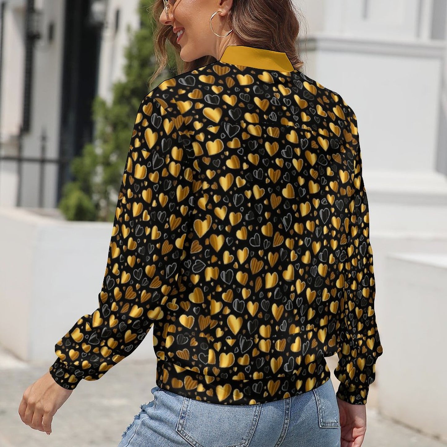 Heart Pattern Black Yellow Windbreaker Jacket -Golden Heart - Model: Women’s Heart Print Windbreaker - 9g2k3d