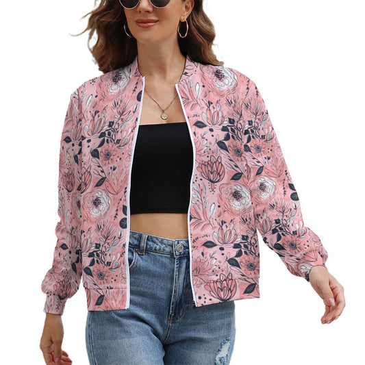 Floral Print Pink Windbreaker Jacket - Model: Women-Windbreaker - 3a2d9h