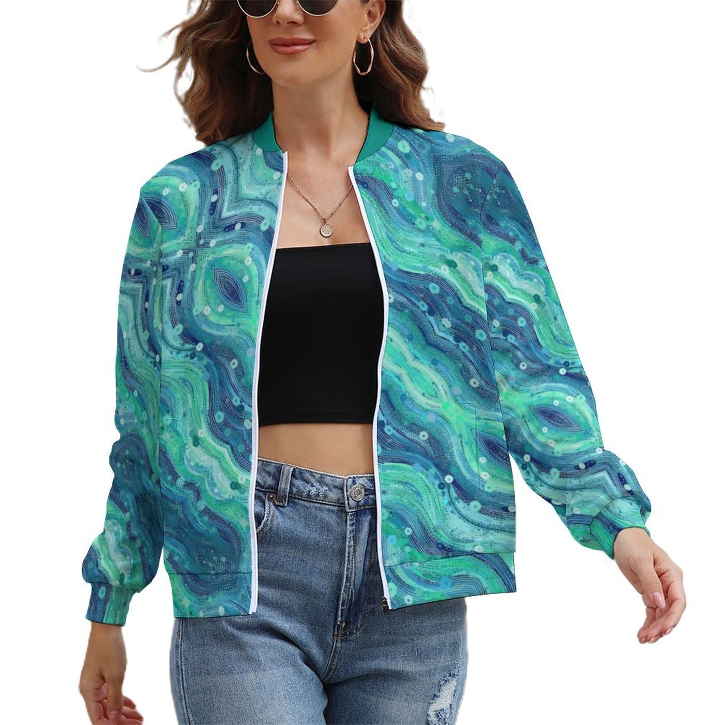 Green Blue Windbreaker Jacket -Abstract Wave pattern - Model: Women's Abstract Windbreaker - 7h4s2y
