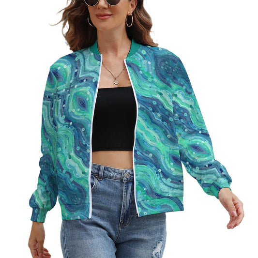 Green Blue Windbreaker Jacket -Abstract Wave pattern - Model: Women's Abstract Windbreaker - 7h4s2y
