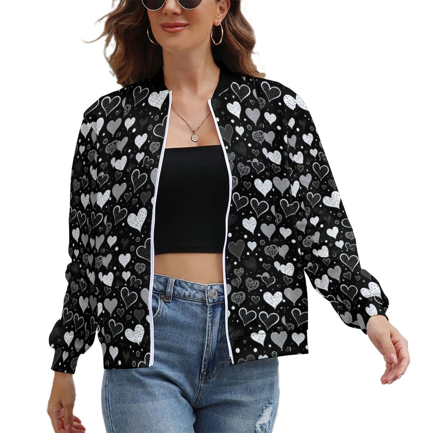 Black Heart Windbreaker Jacket for Women - Romantic Gift for Girlfriend - Model: women-jacket-P7X4TD
