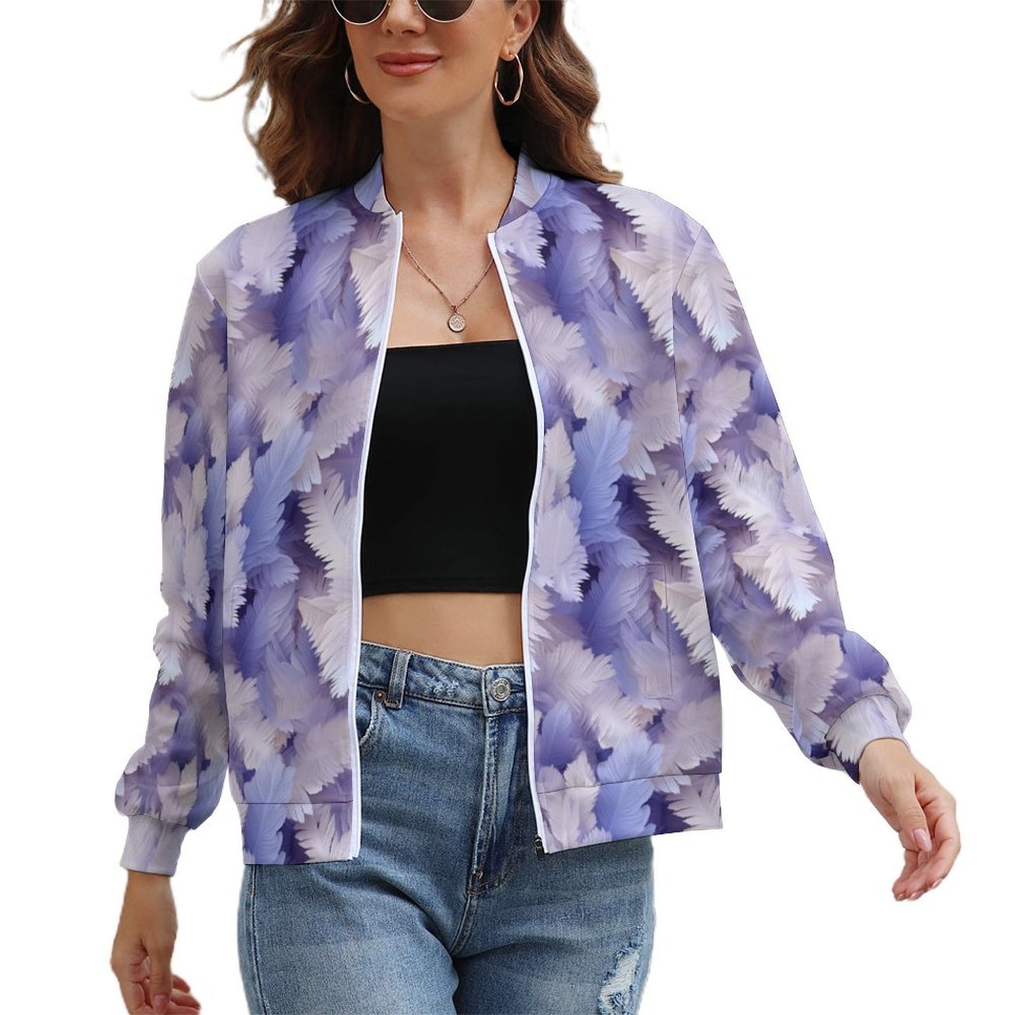 Feather Print Light Purple Women's Bomber Jacket -gift for Libra, Aquarius, and Pisces – Model: Feather-jacket-R6T3YQ