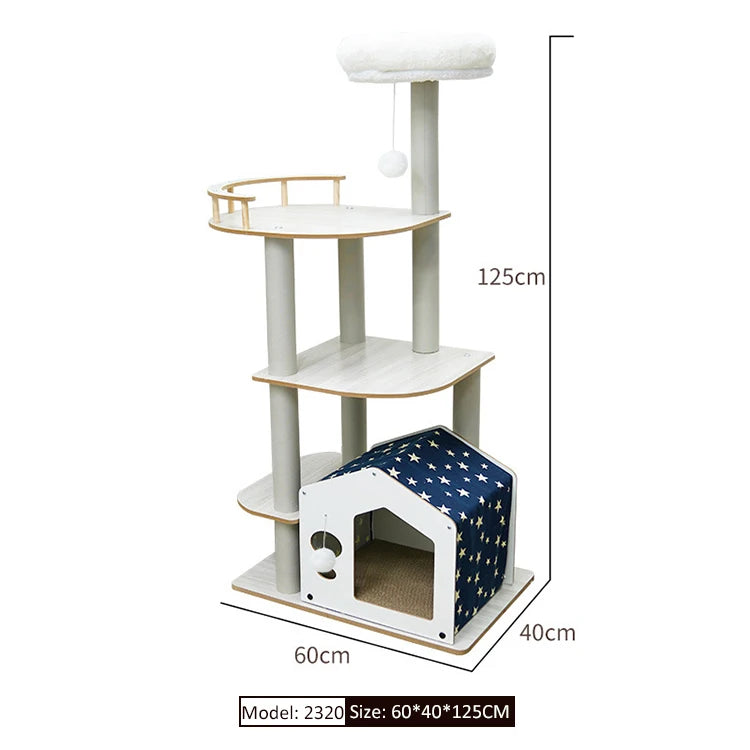 Wood Cat Tree House - Modern Multi-Level Cat Tree House with Scratching Post, Cat Scratcher Tree, and Cozy Cat House for Multiple Cats