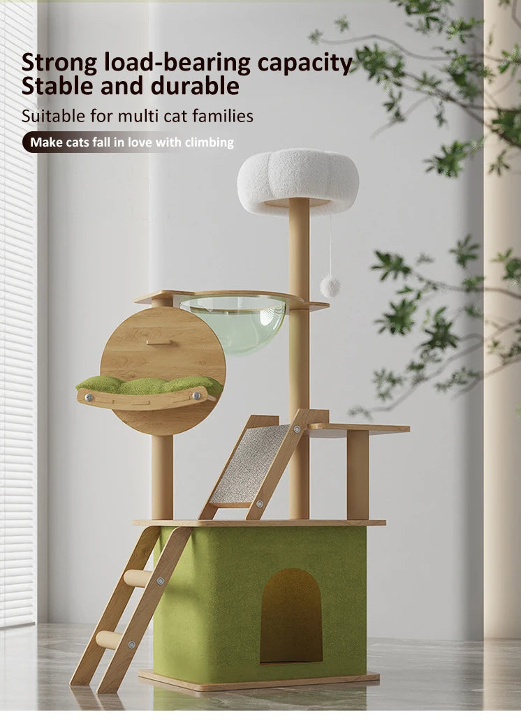 Wood Cat Tree House - Modern Multi-Level Cat Tree House with Scratching Post, Cat Scratcher Tree, and Cozy Cat House for Multiple Cats