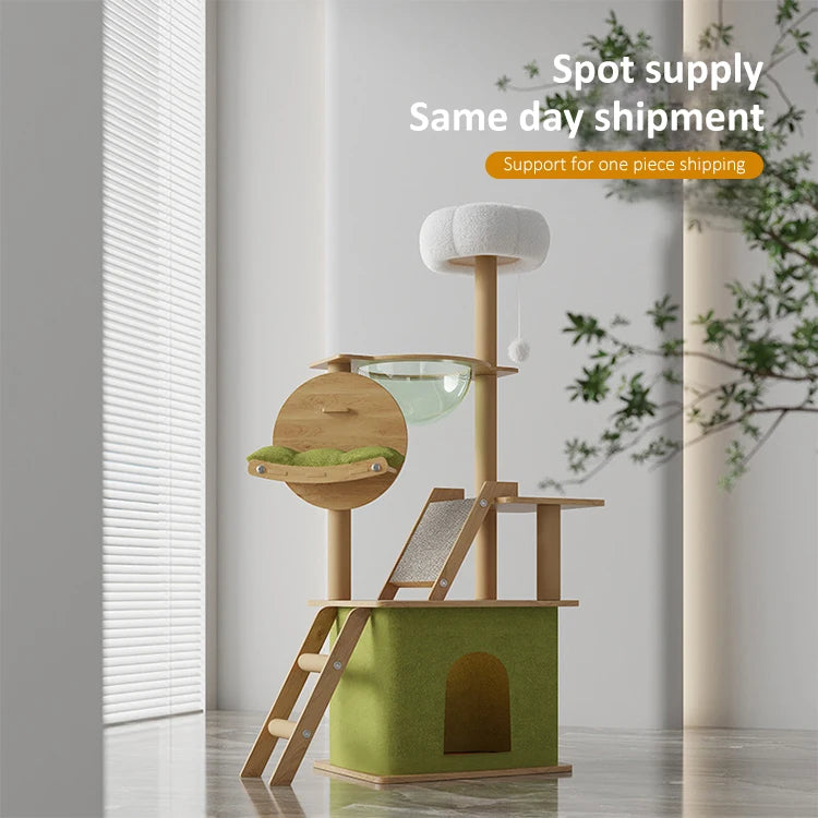 Wood Cat Tree House - Modern Multi-Level Cat Tree House with Scratching Post, Cat Scratcher Tree, and Cozy Cat House for Multiple Cats
