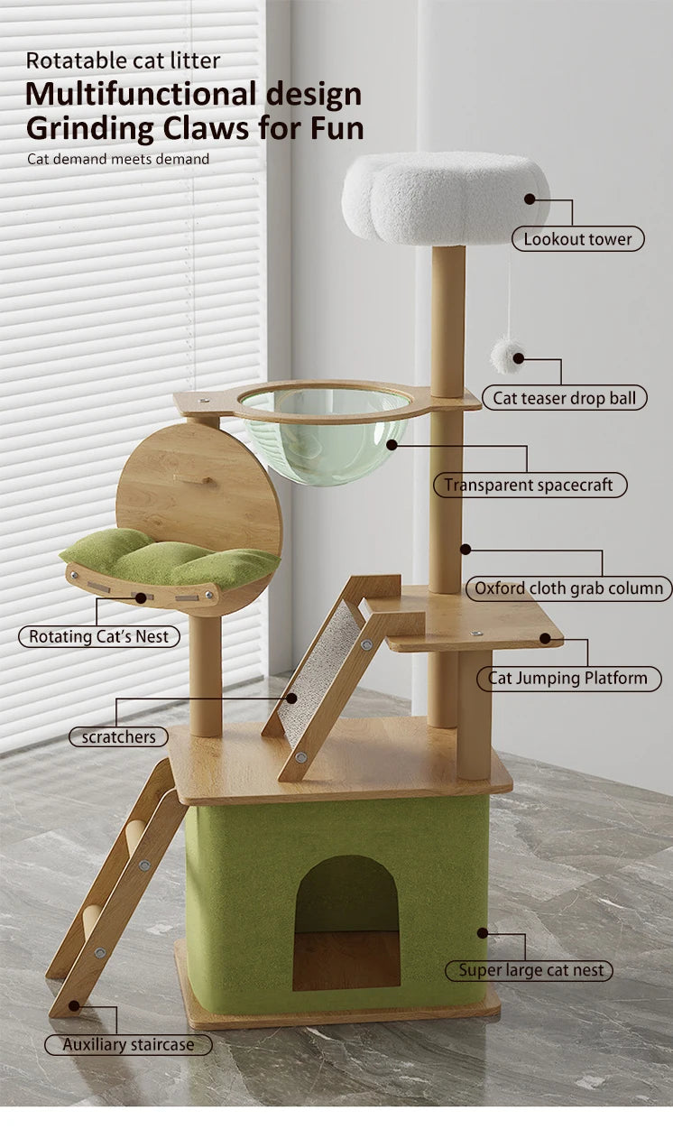 Wood Cat Tree House - Modern Multi-Level Cat Tree House with Scratching Post, Cat Scratcher Tree, and Cozy Cat House for Multiple Cats
