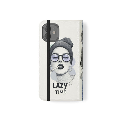Phone Wallet Flip Case, Lazy Time Girl Design, Stylish Smartphone Case -iPhone case & Samsung Galaxy case, Gift for Her, Phone Accessory