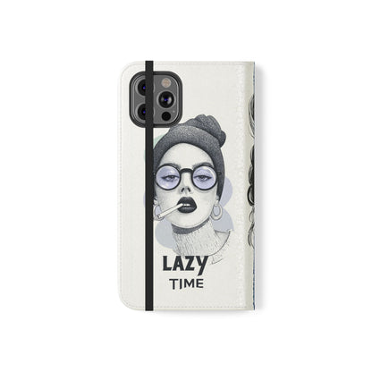 Phone Wallet Flip Case, Lazy Time Girl Design, Stylish Smartphone Case -iPhone case & Samsung Galaxy case, Gift for Her, Phone Accessory