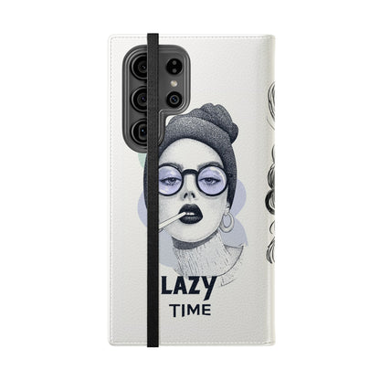 Phone Wallet Flip Case, Lazy Time Girl Design, Stylish Smartphone Case -iPhone case & Samsung Galaxy case, Gift for Her, Phone Accessory
