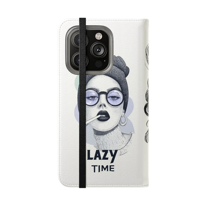Phone Wallet Flip Case, Lazy Time Girl Design, Stylish Smartphone Case -iPhone case & Samsung Galaxy case, Gift for Her, Phone Accessory