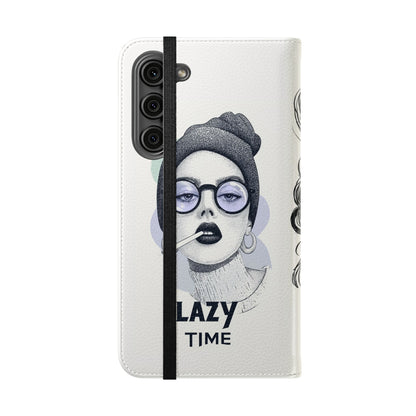 Phone Wallet Flip Case, Lazy Time Girl Design, Stylish Smartphone Case -iPhone case & Samsung Galaxy case, Gift for Her, Phone Accessory