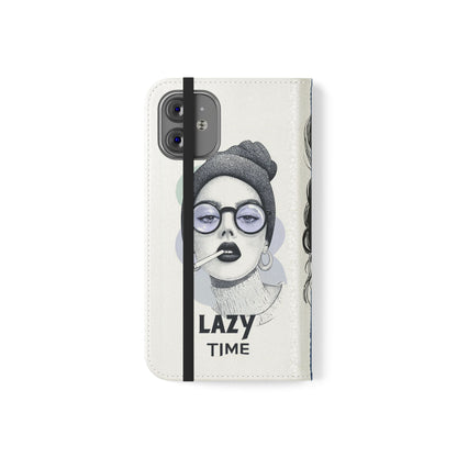 Phone Wallet Flip Case, Lazy Time Girl Design, Stylish Smartphone Case -iPhone case & Samsung Galaxy case, Gift for Her, Phone Accessory