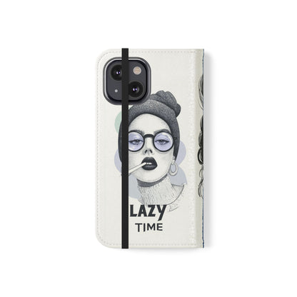 Phone Wallet Flip Case, Lazy Time Girl Design, Stylish Smartphone Case -iPhone case & Samsung Galaxy case, Gift for Her, Phone Accessory