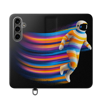 Rainbow Astronaut Flip Wallet Phone Case - Colorful Space Art Cover for iPhone 16 15 14 13 12 11 Pro Max & Samsung Galaxy S series