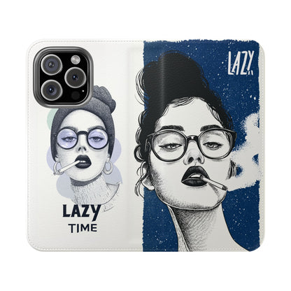 Phone Wallet Flip Case, Lazy Time Girl Design, Stylish Smartphone Case -iPhone case & Samsung Galaxy case, Gift for Her, Phone Accessory