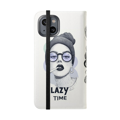 Phone Wallet Flip Case, Lazy Time Girl Design, Stylish Smartphone Case -iPhone case & Samsung Galaxy case, Gift for Her, Phone Accessory