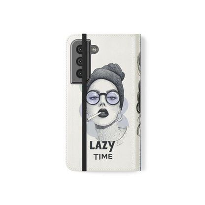 Phone Wallet Flip Case, Lazy Time Girl Design, Stylish Smartphone Case -iPhone case & Samsung Galaxy case, Gift for Her, Phone Accessory