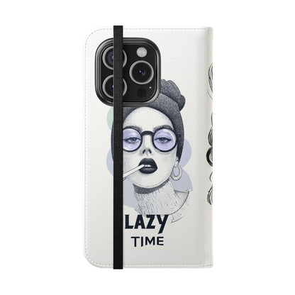 Phone Wallet Flip Case, Lazy Time Girl Design, Stylish Smartphone Case -iPhone case & Samsung Galaxy case, Gift for Her, Phone Accessory