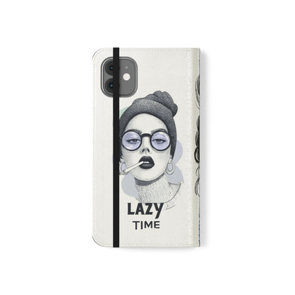 Phone Wallet Flip Case, Lazy Time Girl Design, Stylish Smartphone Case -iPhone case & Samsung Galaxy case, Gift for Her, Phone Accessory