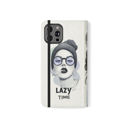 Phone Wallet Flip Case, Lazy Time Girl Design, Stylish Smartphone Case -iPhone case & Samsung Galaxy case, Gift for Her, Phone Accessory