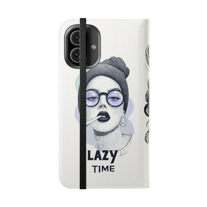 Phone Wallet Flip Case, Lazy Time Girl Design, Stylish Smartphone Case -iPhone case & Samsung Galaxy case, Gift for Her, Phone Accessory