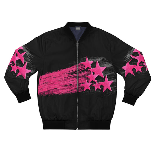 Black & Neon Pink Star Print Bomber Jacket ｜Gift for Capricorn & Leo